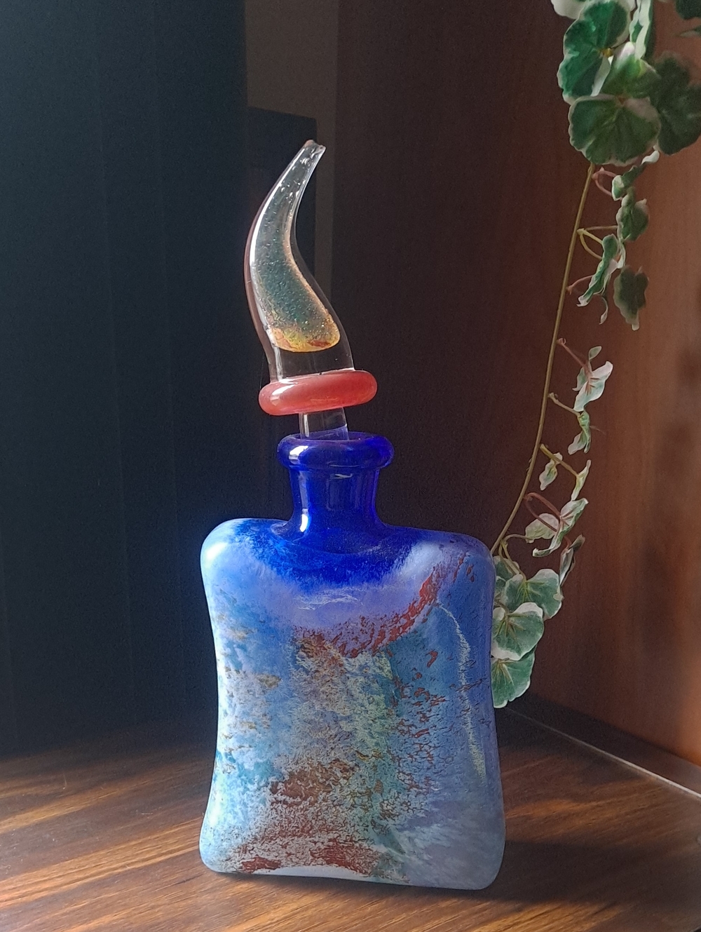 Kosta Boda Cobalt Blue Art Glass Decanter with Multicolor Swirl Stopper